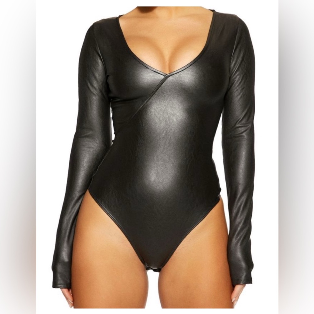 Naked Wardrobe It's Faux Real Bodysuit in Black